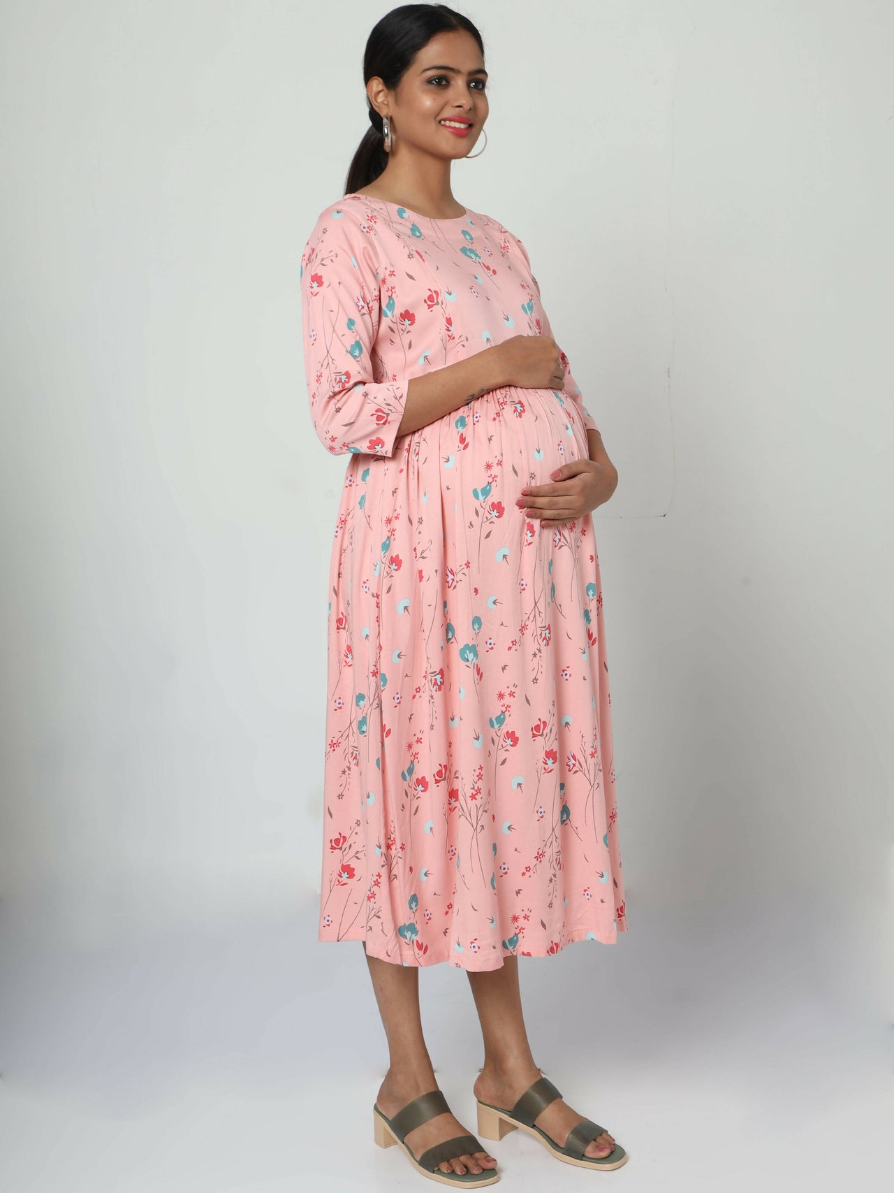 Manet Three Fourth Maternity Dress Floral Print With Concealed Zipper Nursing Access - Peach - Distacart