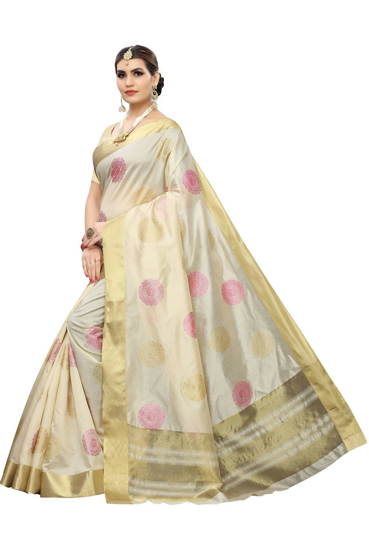Vamika Cream Weaving Cotton Polyester Silk Saree (Kerala Bird Pink) - Distacart