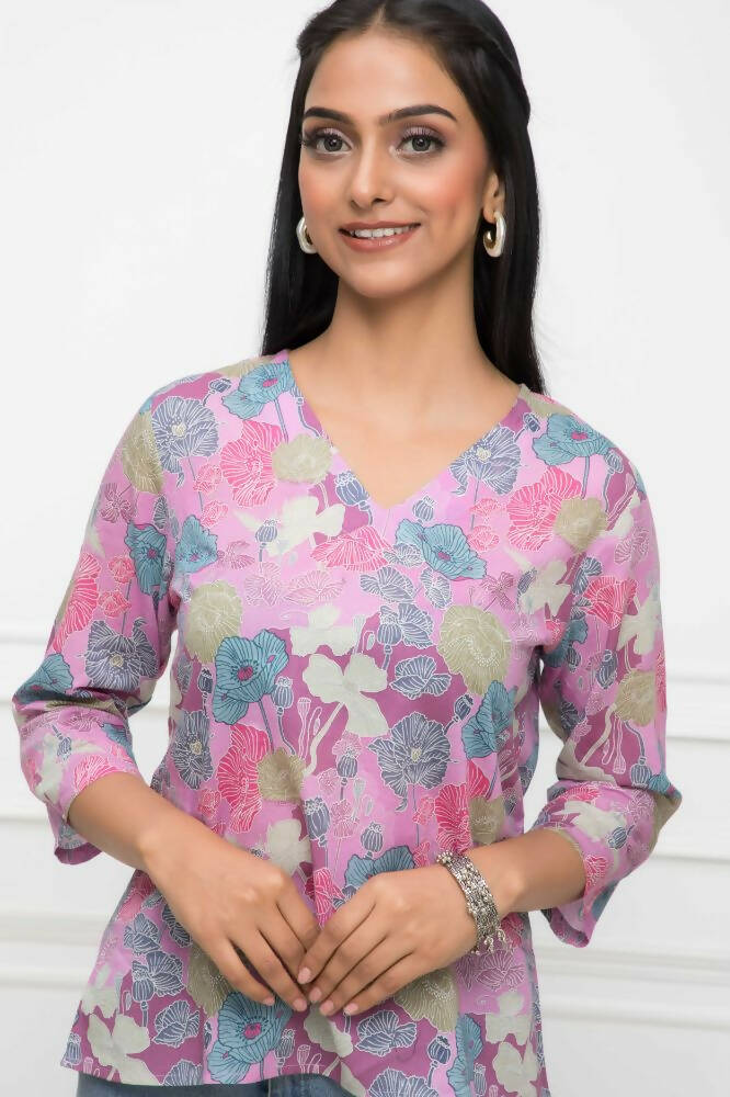 Myshka Women Multi Floral V-Neck Regular Sleeves Viscose Rayon Top - Distacart