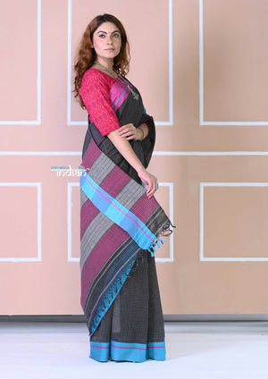 Very Much Indian Traditional Patteda Anchu Ilkal Handloom Saree-Black With Solid Pink And Blue Border - Distacart