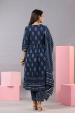 Thumbnail for Juniper Women Indigo Cotton Cambric Batik texture Printed Kurta, Pants and Dupatta Set - Distacart