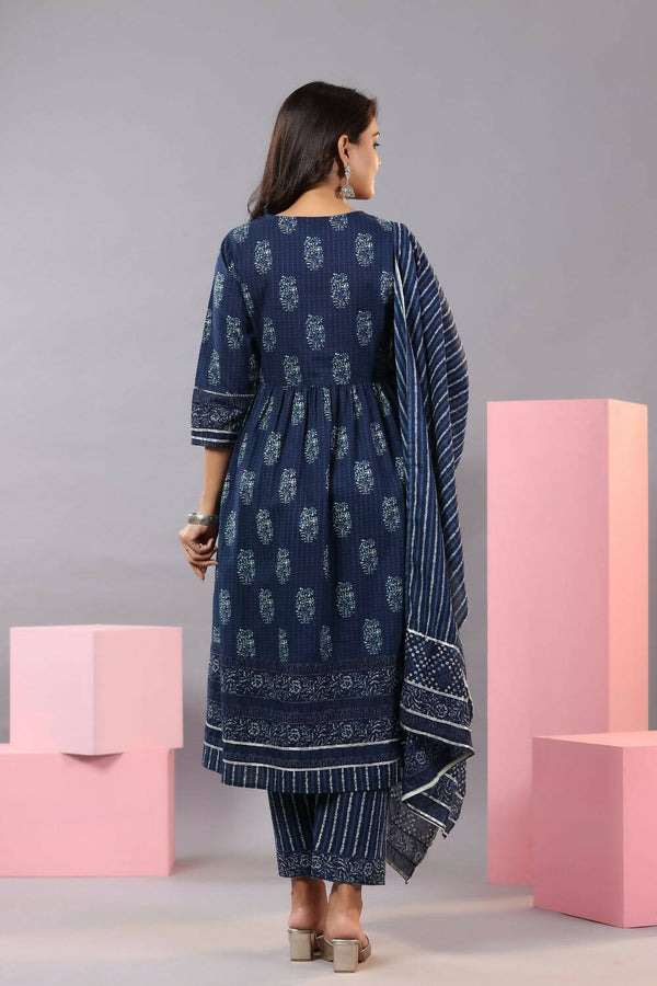 Juniper Women Indigo Cotton Cambric Batik texture Printed Kurta, Pants and Dupatta Set - Distacart