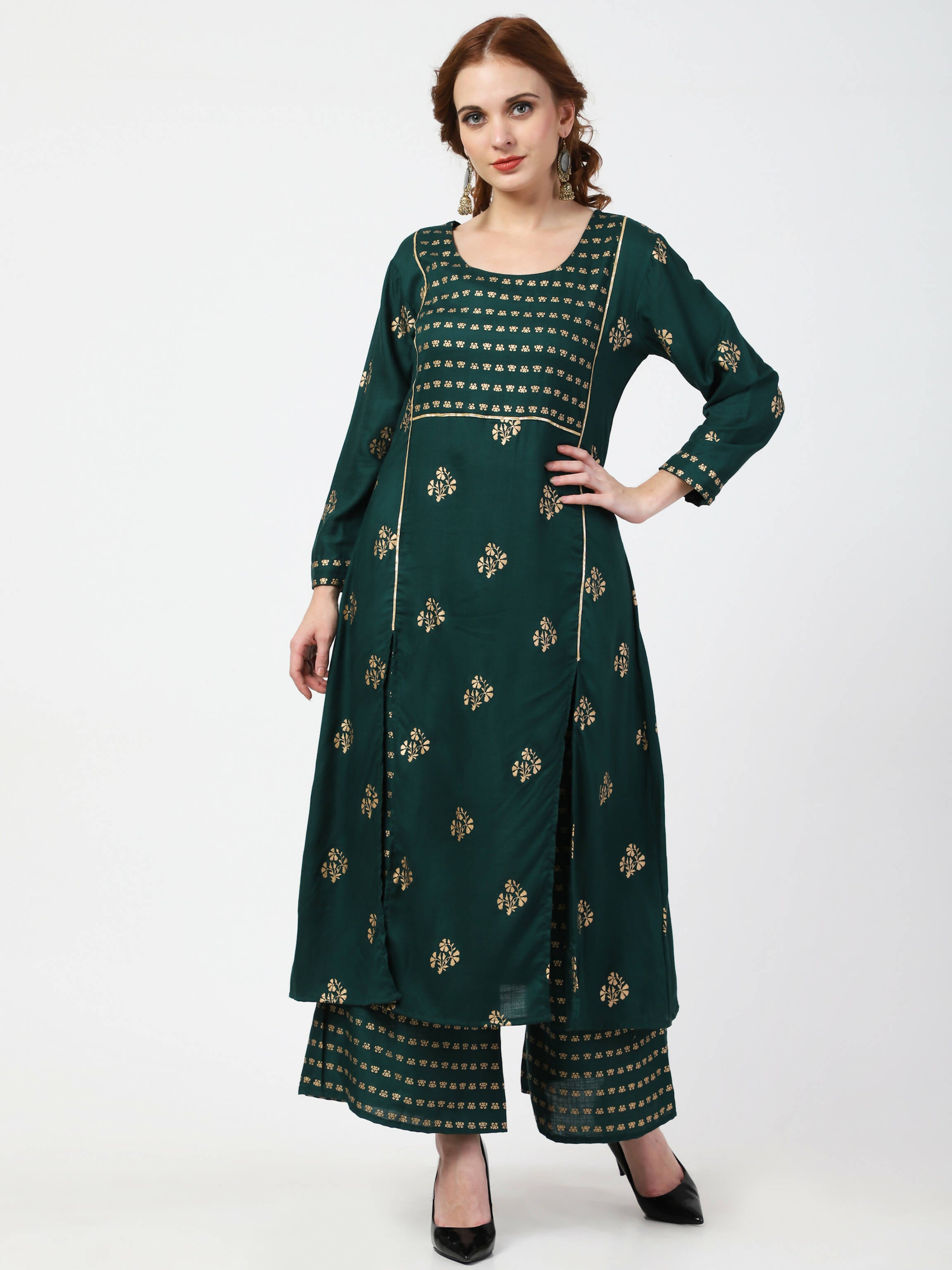 Cheera Embellished Daily Wear Cotton Blend Kurta With Palazoo - Bottle Green - Distacart