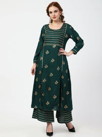 Thumbnail for Cheera Embellished Daily Wear Cotton Blend Kurta With Palazoo - Bottle Green - Distacart