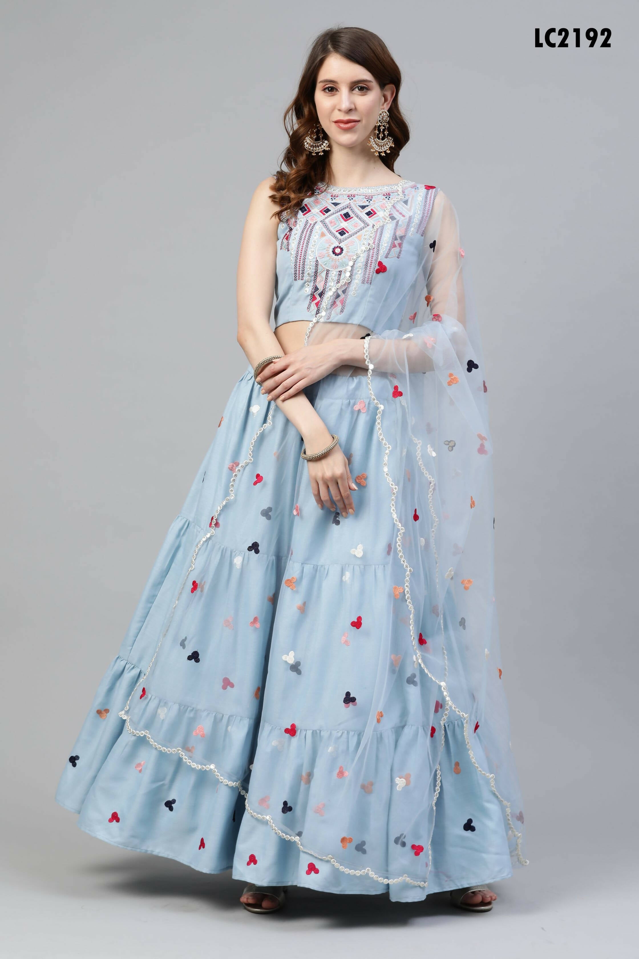 Sky Blue Cotton Embroidered Work Lehenga Choli with Dupatta - Jivika - Distacart