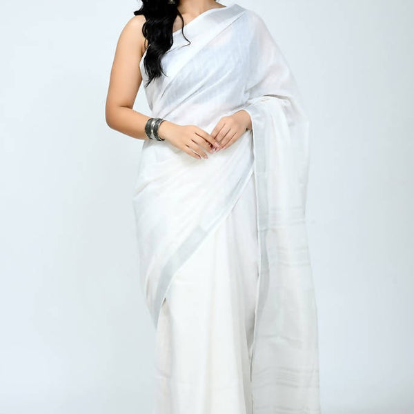 Mominos Fashion Moeza Bhagalpuri Handloom Silk White Saree