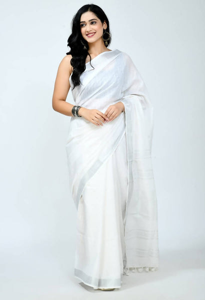Mominos Fashion Moeza Bhagalpuri Handloom Silk White Saree