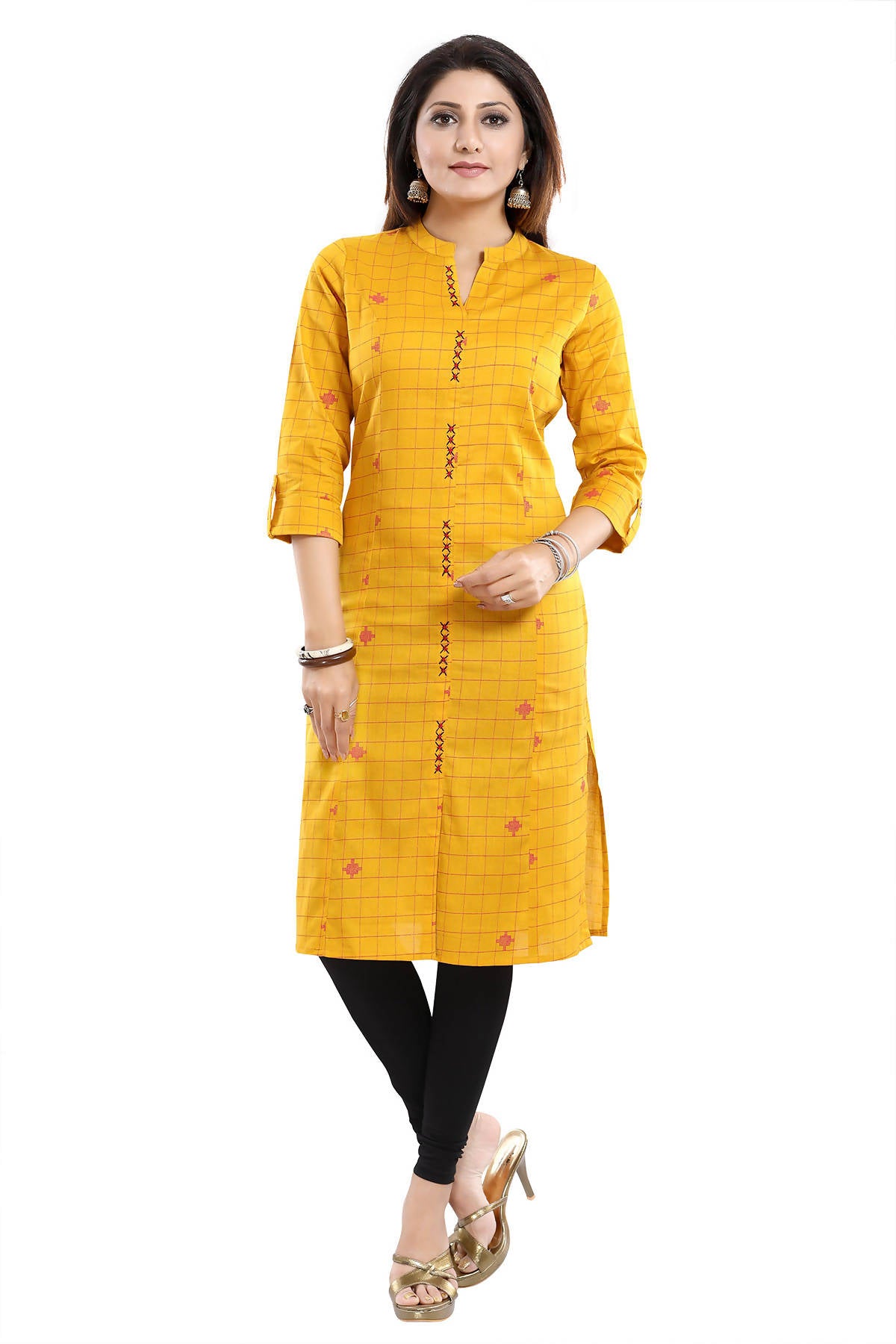 Snehal Creations Checkered Print Yellow Long Cotton Kurti - Distacart