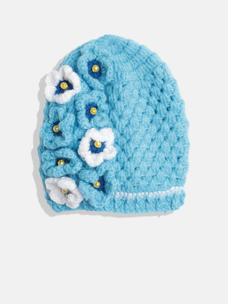 Chutput Kids Woollen Hand Knitted Pearl Embellished Floral Detailed Cap - Blue - Distacart