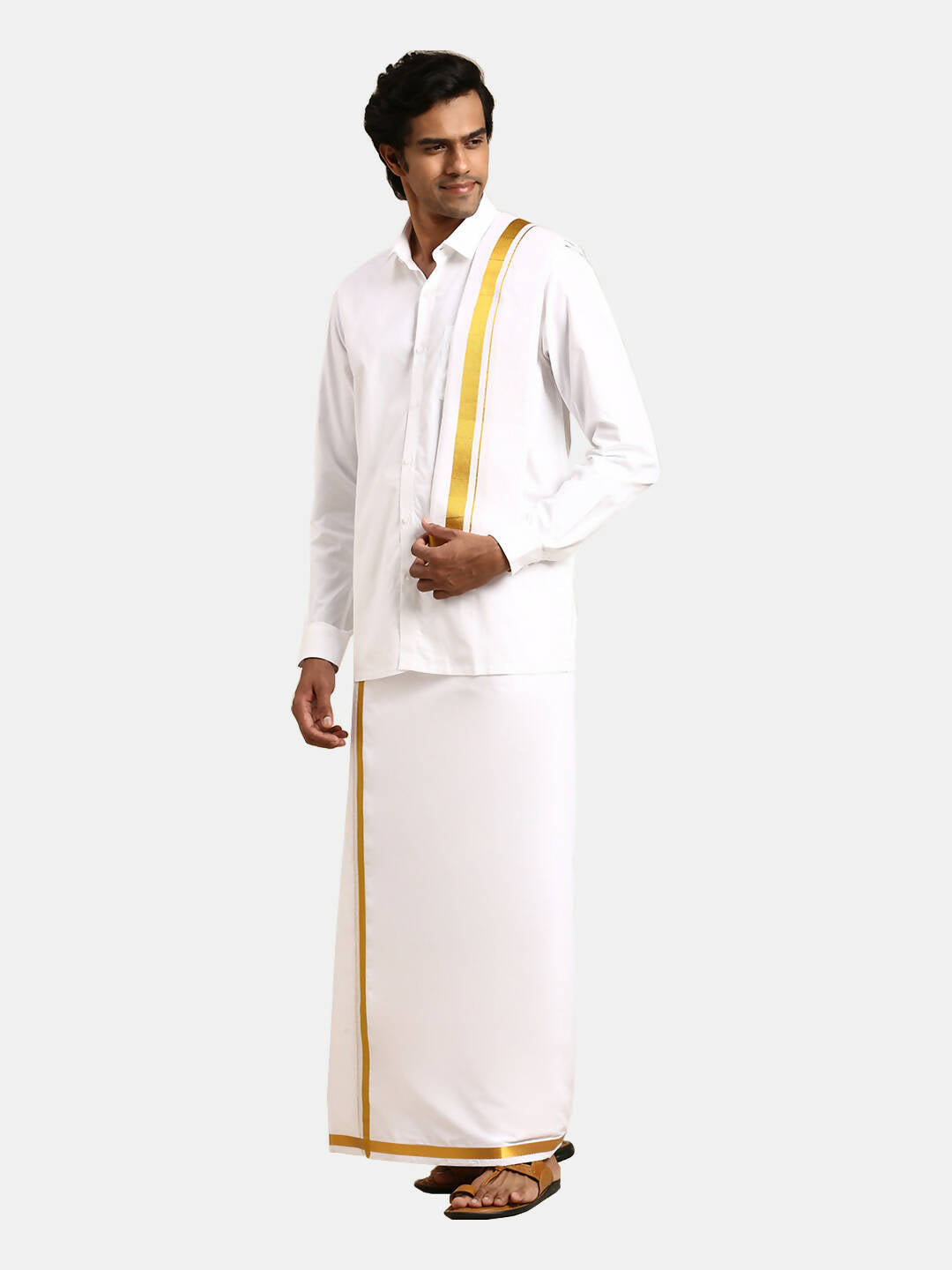 Ramraj Cotton Mens 1/2 " Poly Cotton 3 In 1 Dhoti, Towel And Dhoti Belt Set - White - Distacart