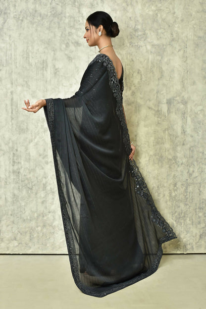 Black Silk Solid Designer Saree with Blouse - Purvi - Distacart