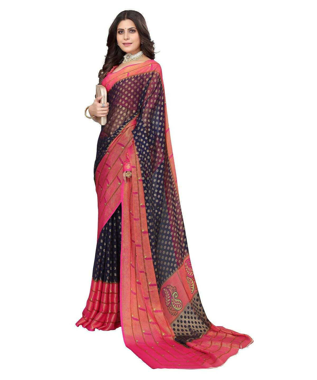 Vamika Navy Blue Chiffon Brasso Bollywood Style Woven Saree (DIMPLE NAVY) - Distacart