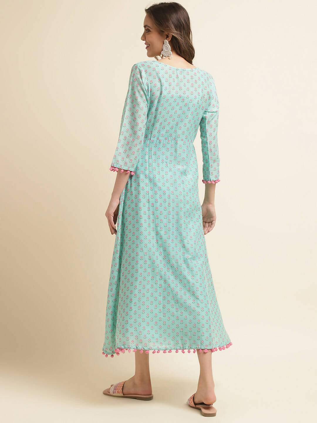 Sea Green Cotton Solid Flared Dress with Printed Shrug - Yukti - Distacart