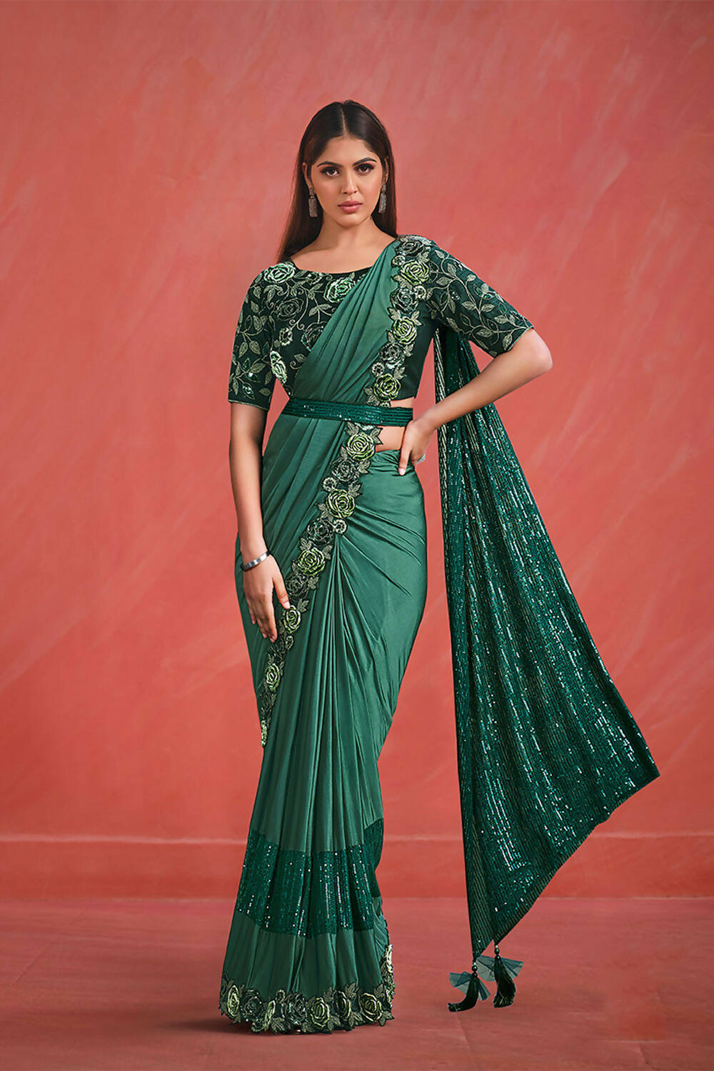 Green Crystal Lycra Cord & Sequence Embroidery with Thread Work Saree With Stitched Blouse - Mohmanthan Elegancia - Distacart