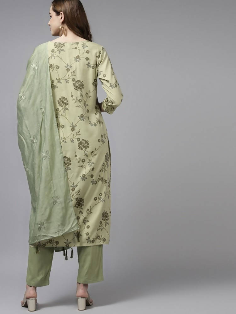 Yufta Women Olive Green Floral Printed Sequined Pure Silk Kurta with Palazzo and Dupatta