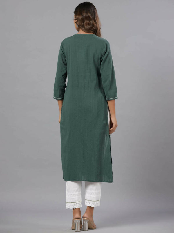 Juniper Women Green Seer Sucker Embroidered High Slit Kurta - Distacart