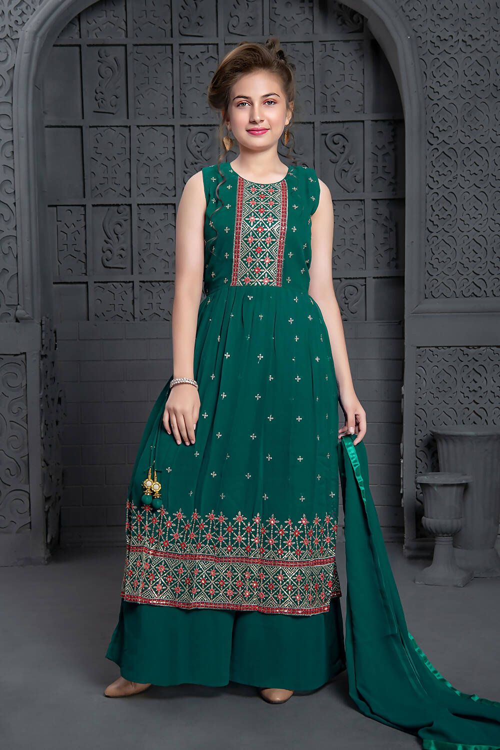 Kids Wedding Designer Green Georgette Naira Cut Salwar Suit - Aaradhna - Distacart