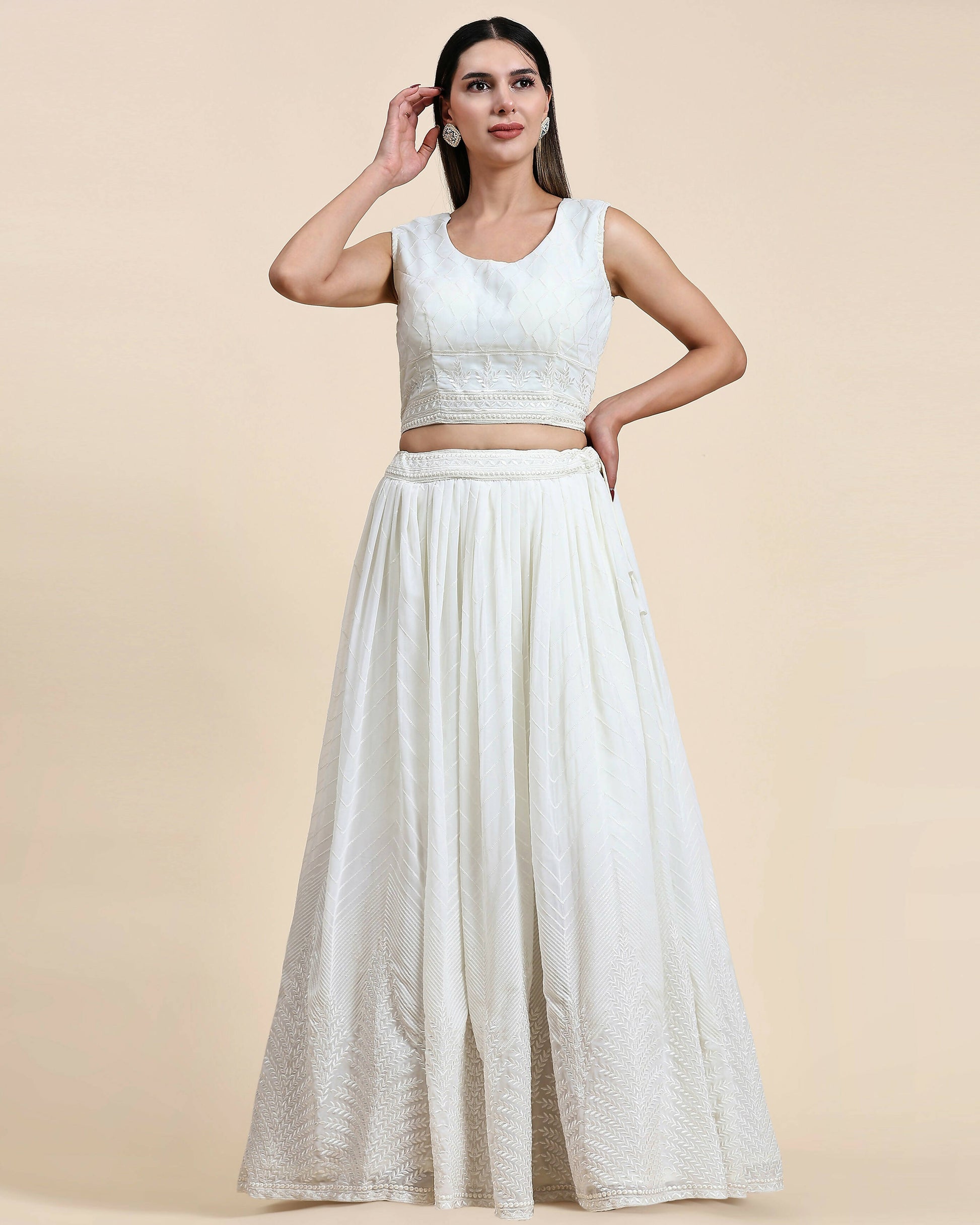 White Pure Viscose Georgette Sequence Embroidery work Lehenga Choli with Dupatta - Aakriti - Distacart
