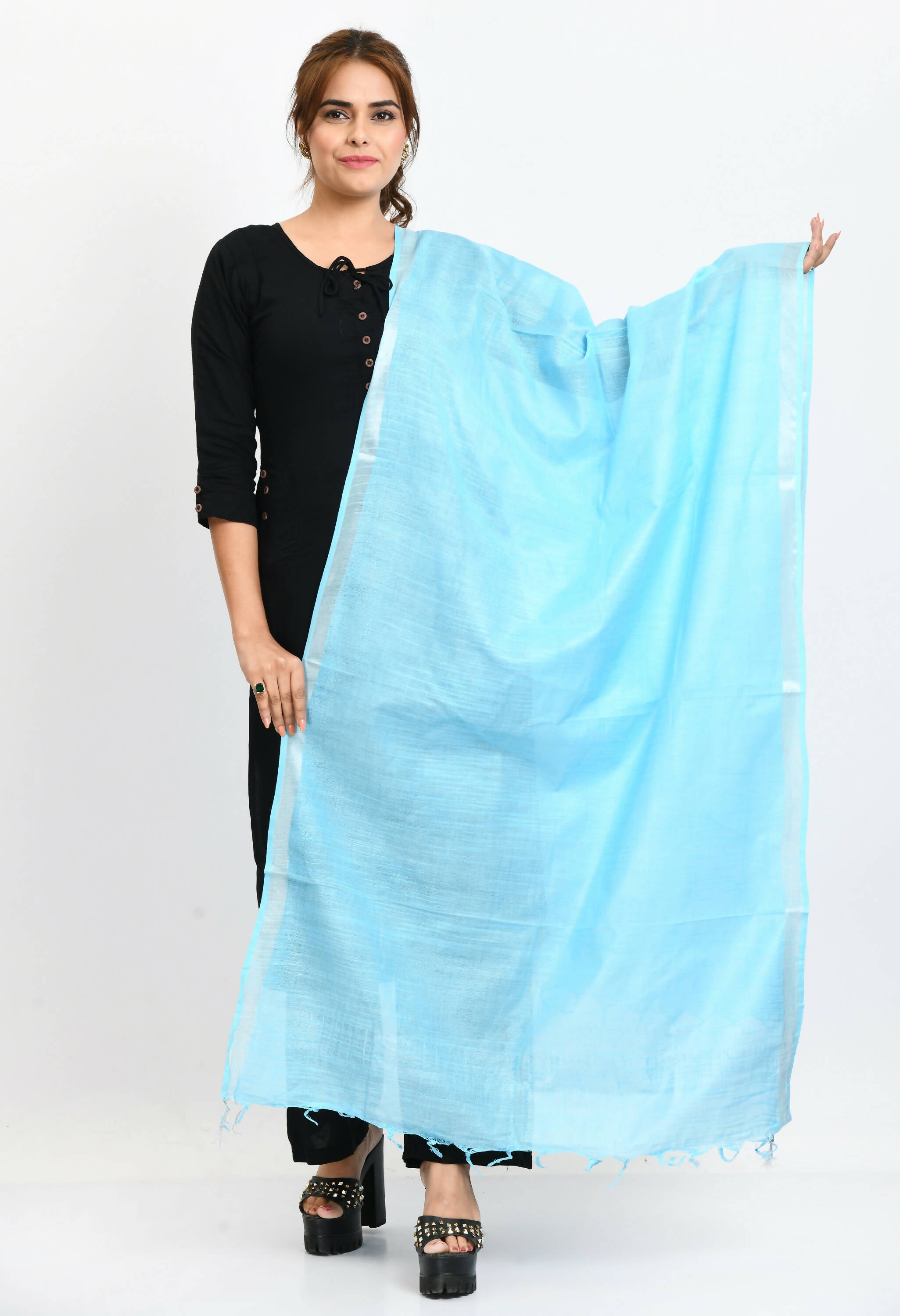 Mominos Fashion Moeza Women's Linen Cotton Silver Border Sky Blue Dupatta - Distacart