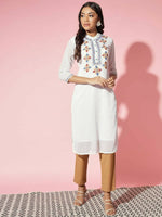 Thumbnail for Myshka Women White Solid Georgette Straight V-Neck Kurtas - Distacart