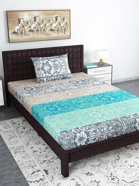 Divine Casa Blue & Grey Ethnic Motifs 120 TC Bedsheet with Pillow Covers - Distacart