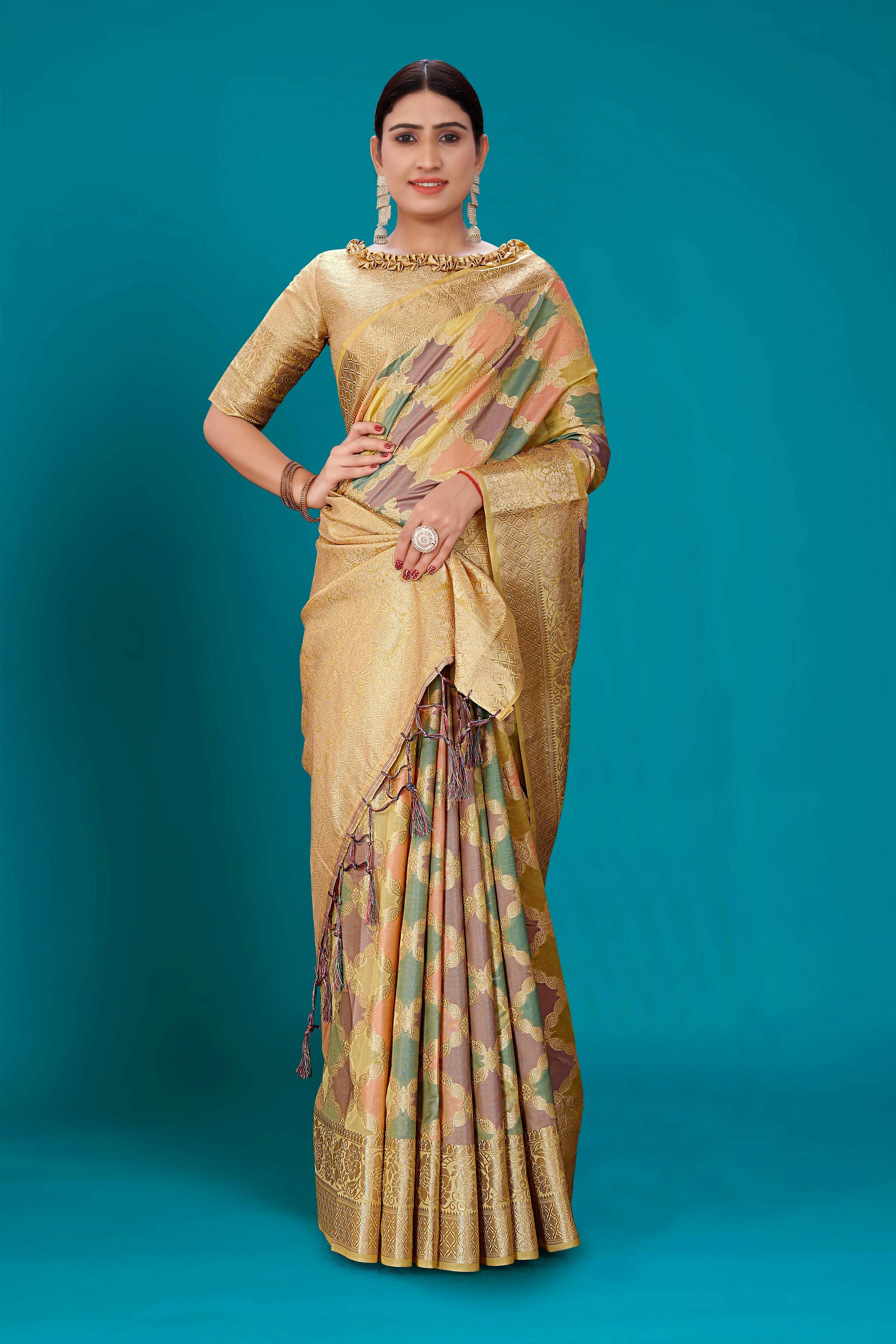 Beige Soft Organza Woven Design Saree with Unstitched Blouse Piece - Zaara - Distacart