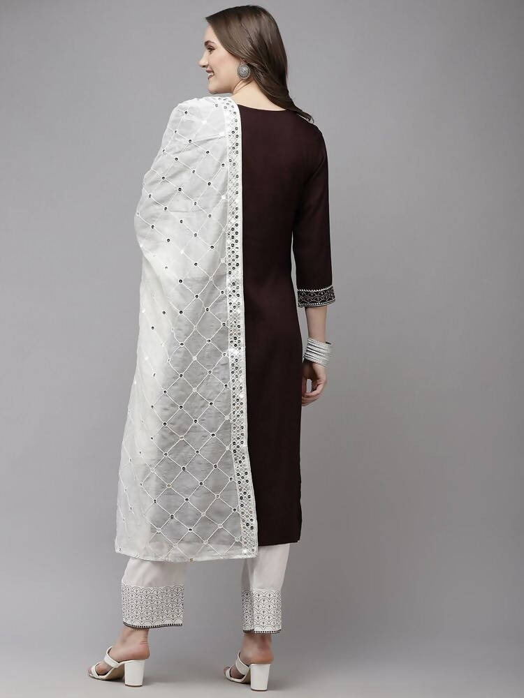 Yufta Women Brown Yoke Design Regular Sequinned Kurta with Palazzo & With Dupatta