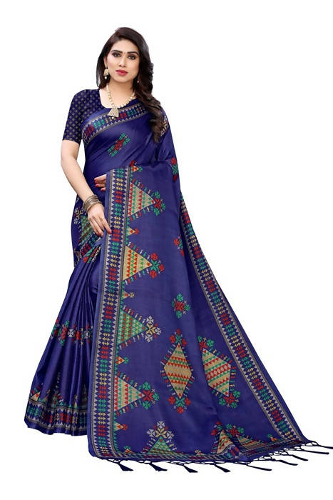 Vamika Navy Kalamkari Print With Jhalar Khadi Silk Saree (KITE NAVY)