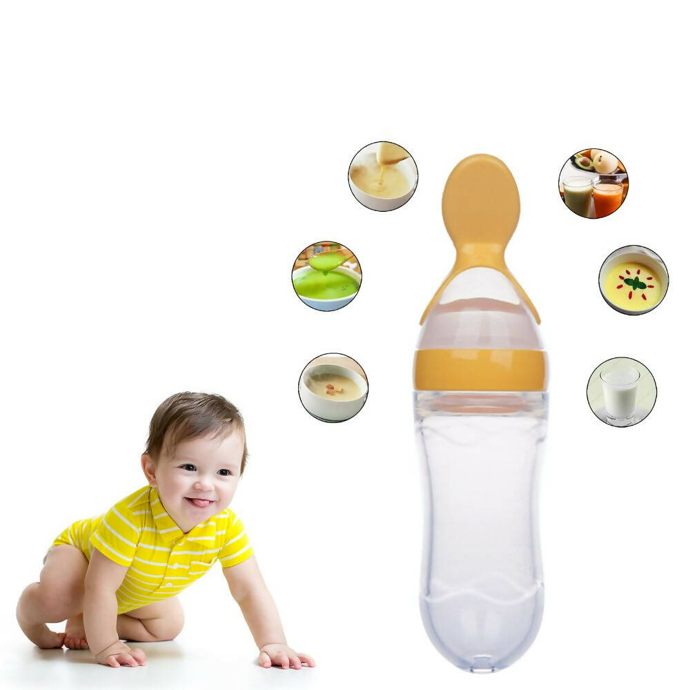 Safe-O-Kid Easy Set of 2 Squeezy Silicone Food Feeder Spoon (Soft Tip) Bottle- Yellow- 90mL - Distacart