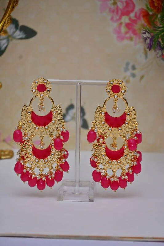 Meenakari Work Gold Plated 2 Layered Beaded Red Chandbali Earrings with Kundan and Pearl Work By House of Ree - Distacart