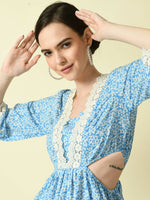 Thumbnail for Myshka Women's Blue Floral Printed Fit and Flare Dress - Distacart