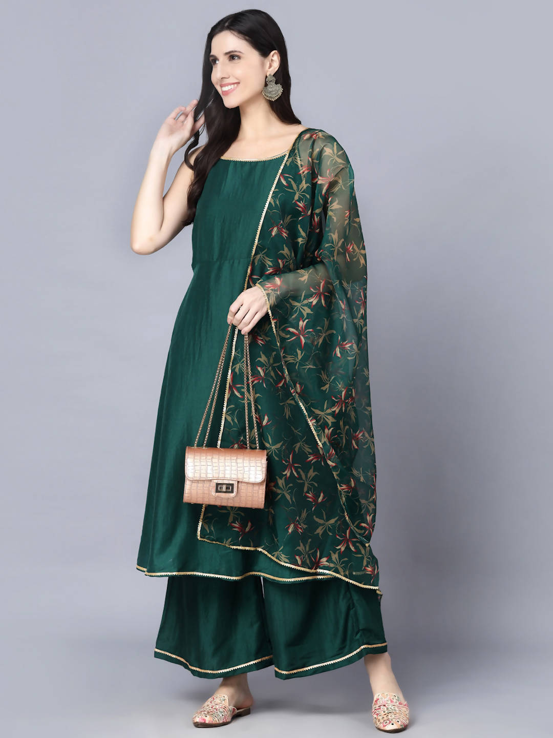 Myshka Women Green Ethnic Motifs Yoke Design Panelled Kurti with Sharara With Dupatta - Distacart