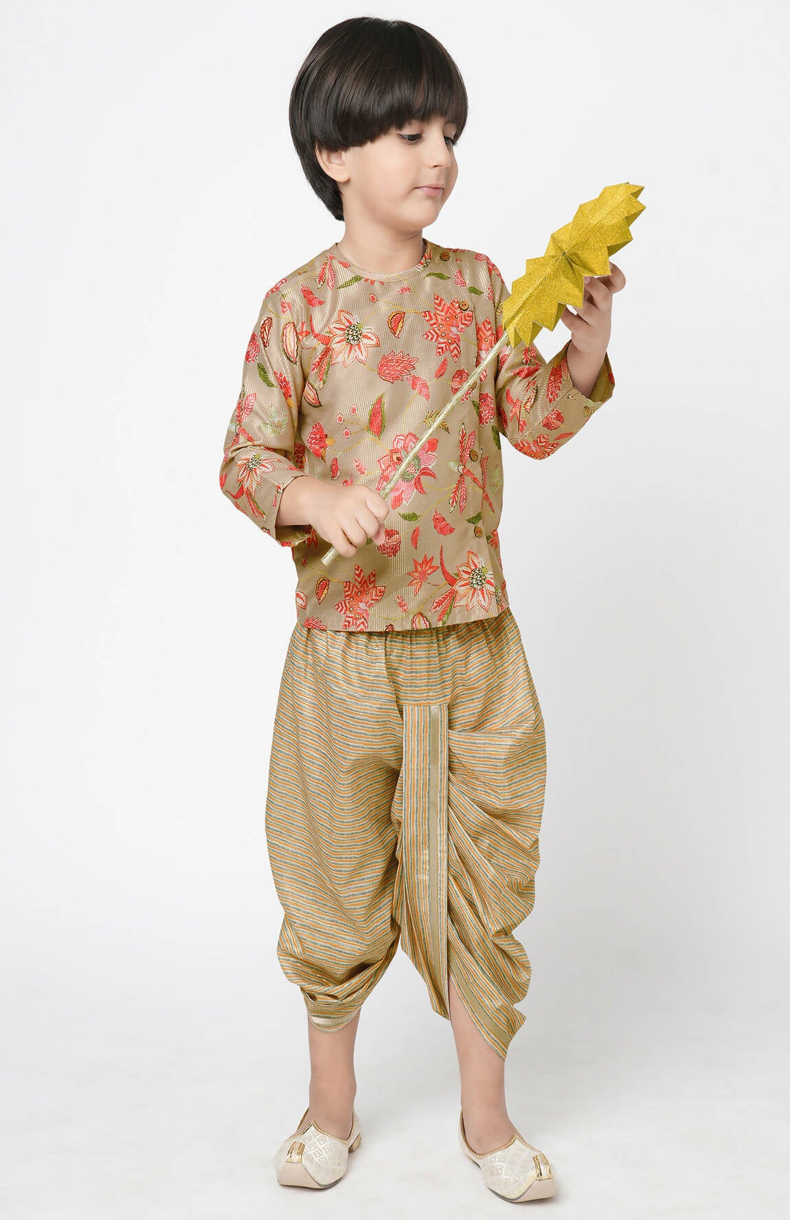 Lil Drama Golden Weaves Boys Beige Kurta With Dhoti Set - Distacart