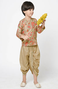 Thumbnail for Lil Drama Golden Weaves Boys Beige Kurta With Dhoti Set - Distacart