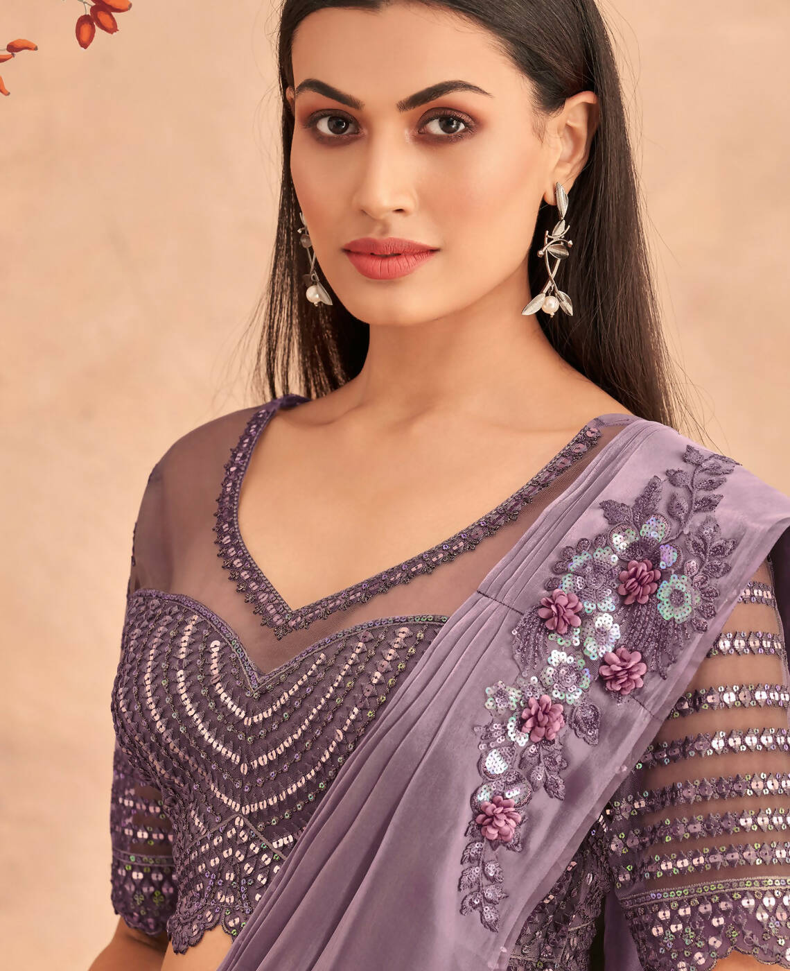 Purple Satin Embroidered Ready To Wear Saree With Unstitched Blouse Piece - Nandika - Distacart