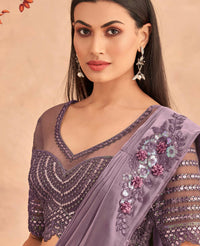 Thumbnail for Purple Satin Embroidered Ready To Wear Saree With Unstitched Blouse Piece - Nandika - Distacart
