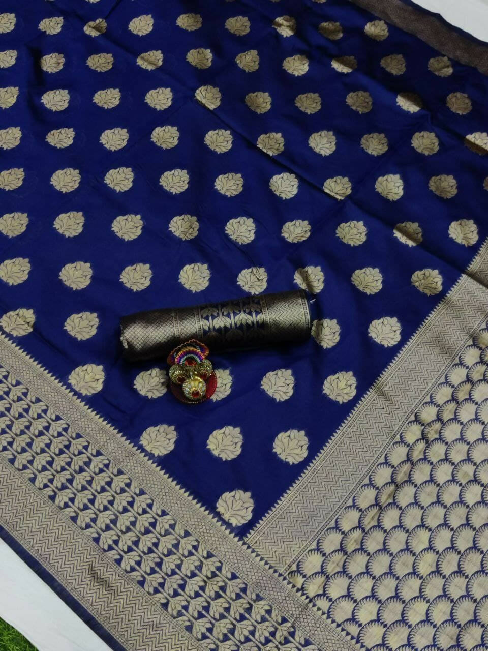 DEIANA'S Beautiful Golden Jari with New Design Soft Lichi Silk Saree - Navy Blue - Distacart