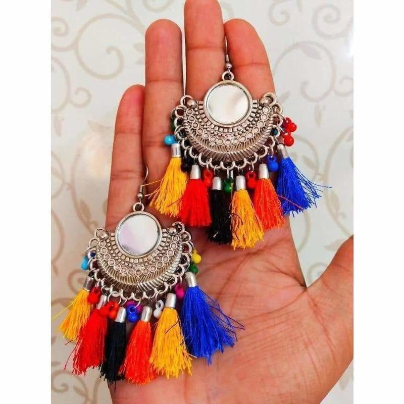 Multi Color Silk Threads Hangings With Mirror Half Moon Chandbali Earrings