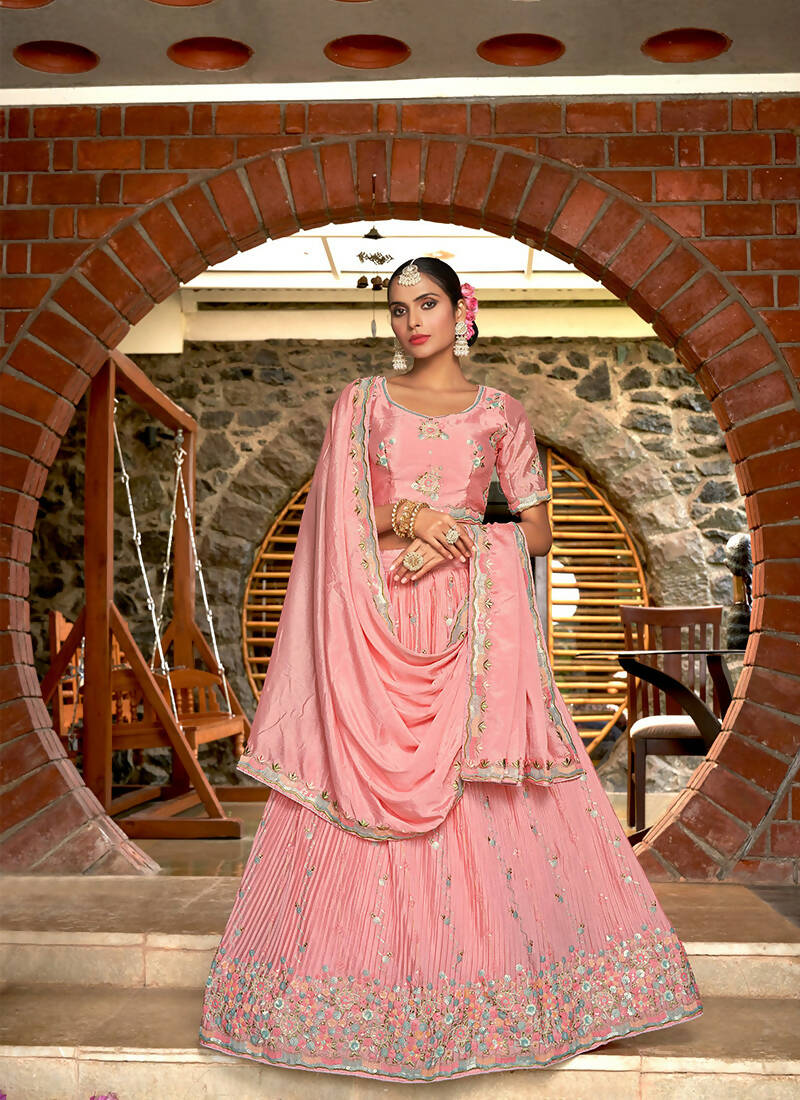 Pink Chinon Crushed Sequence and Thread Embroidery Work Lehenga Choli with Dupatta - Viharini - Distacart