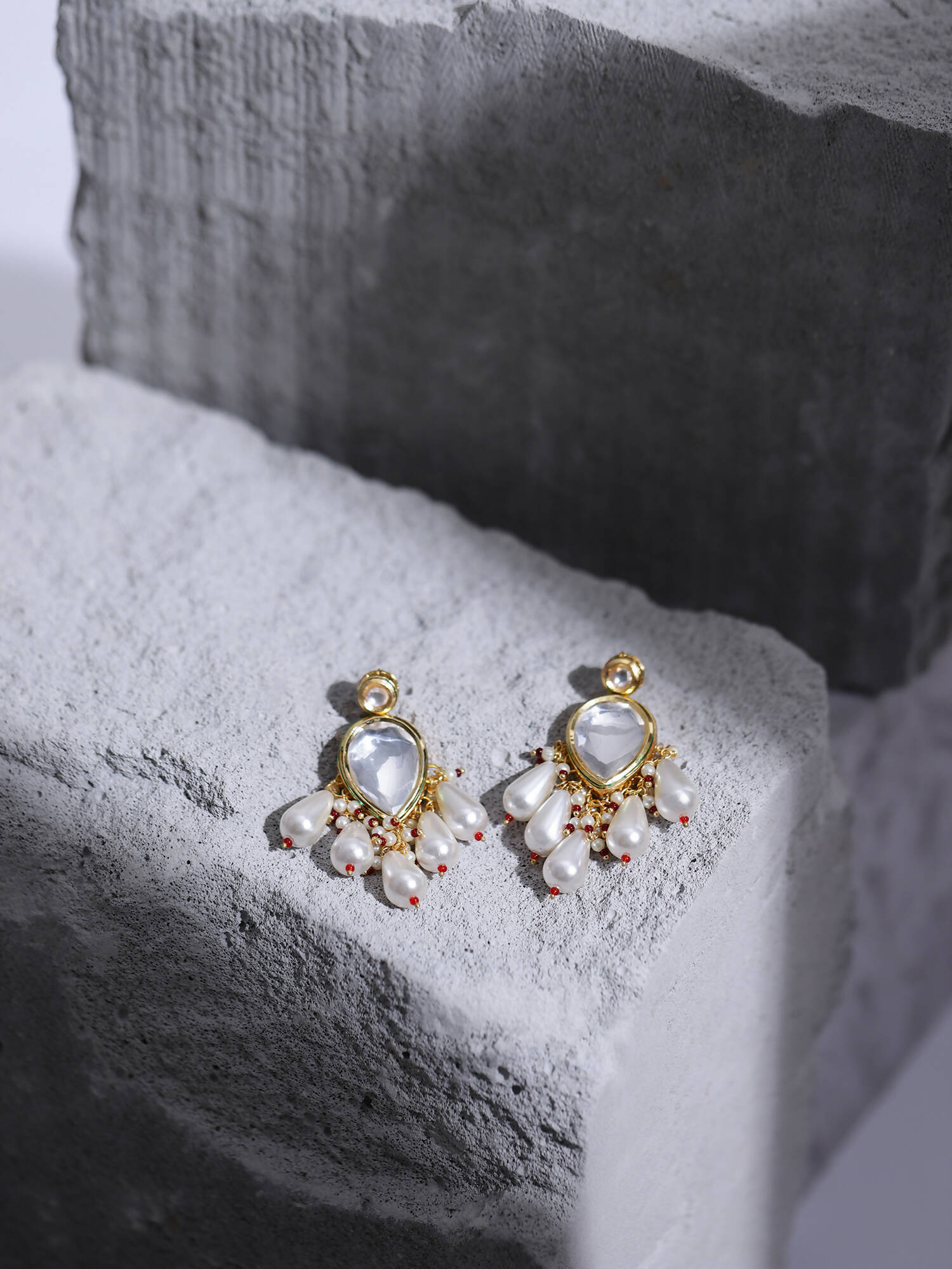 Gold-Toned White Kundan Contemporary Gold-Plated Drop Earrings - Ruby Raang - Distacart