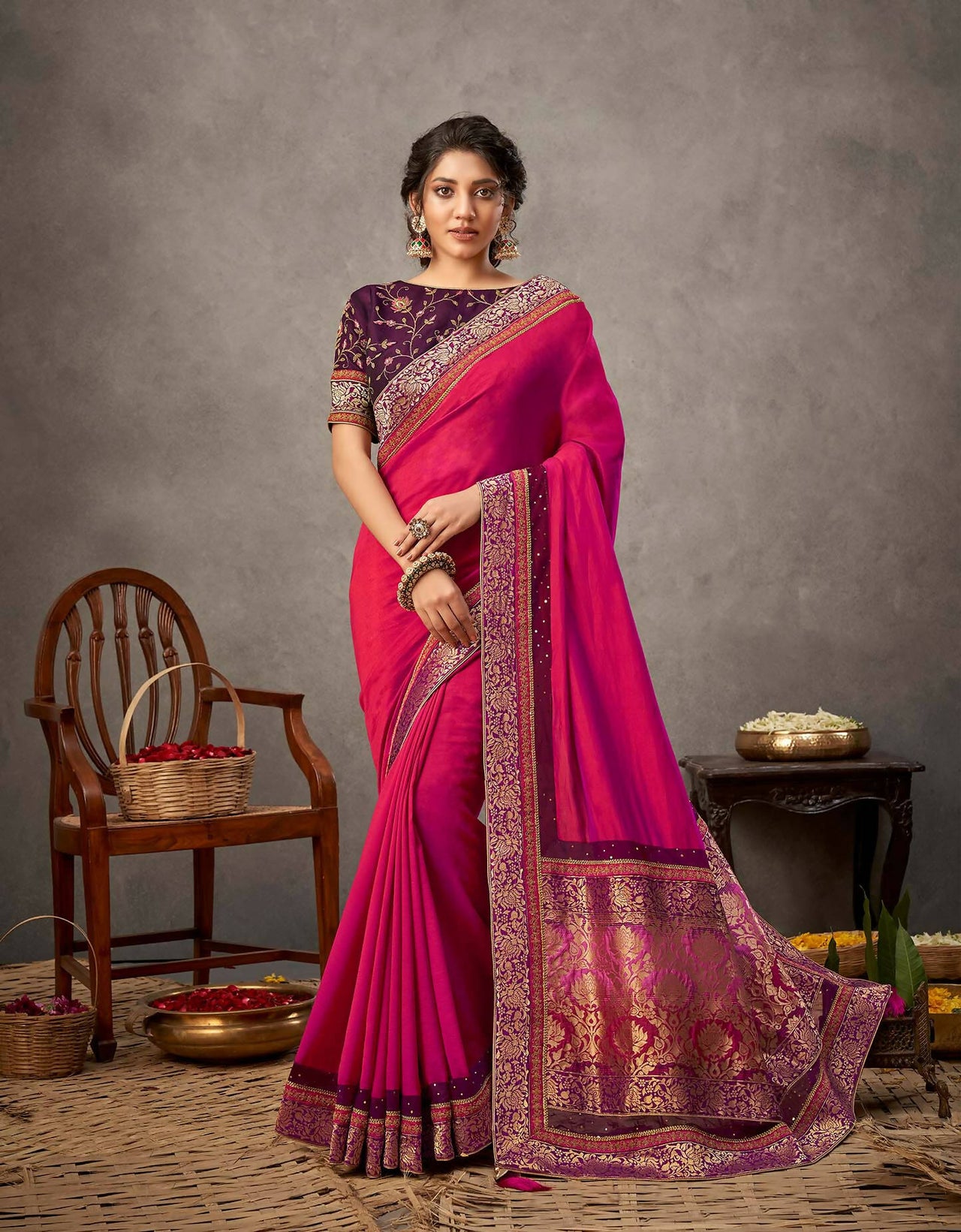 Pinkish-Purple Dual Tone Silk Georgette Thread, Zari And Cord Embroidery, Handwork Butta Saree - Norita Arinya - Distacart