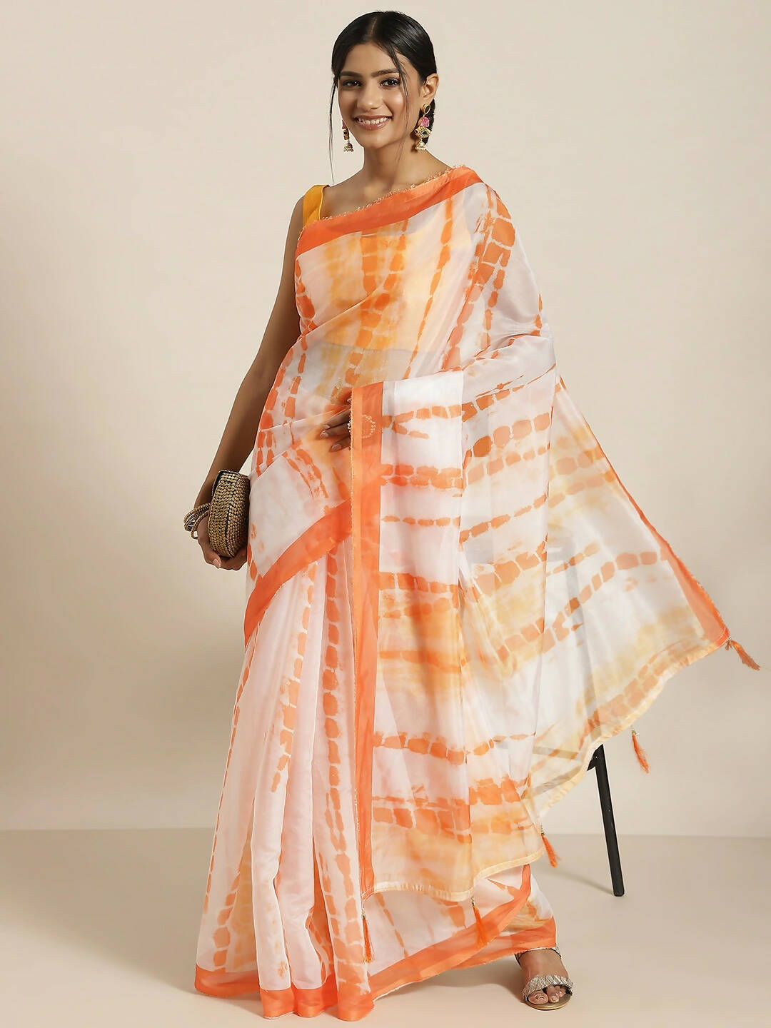 Orange Organza Printed Saree With Blouse Piece - Nivaa - Distacart