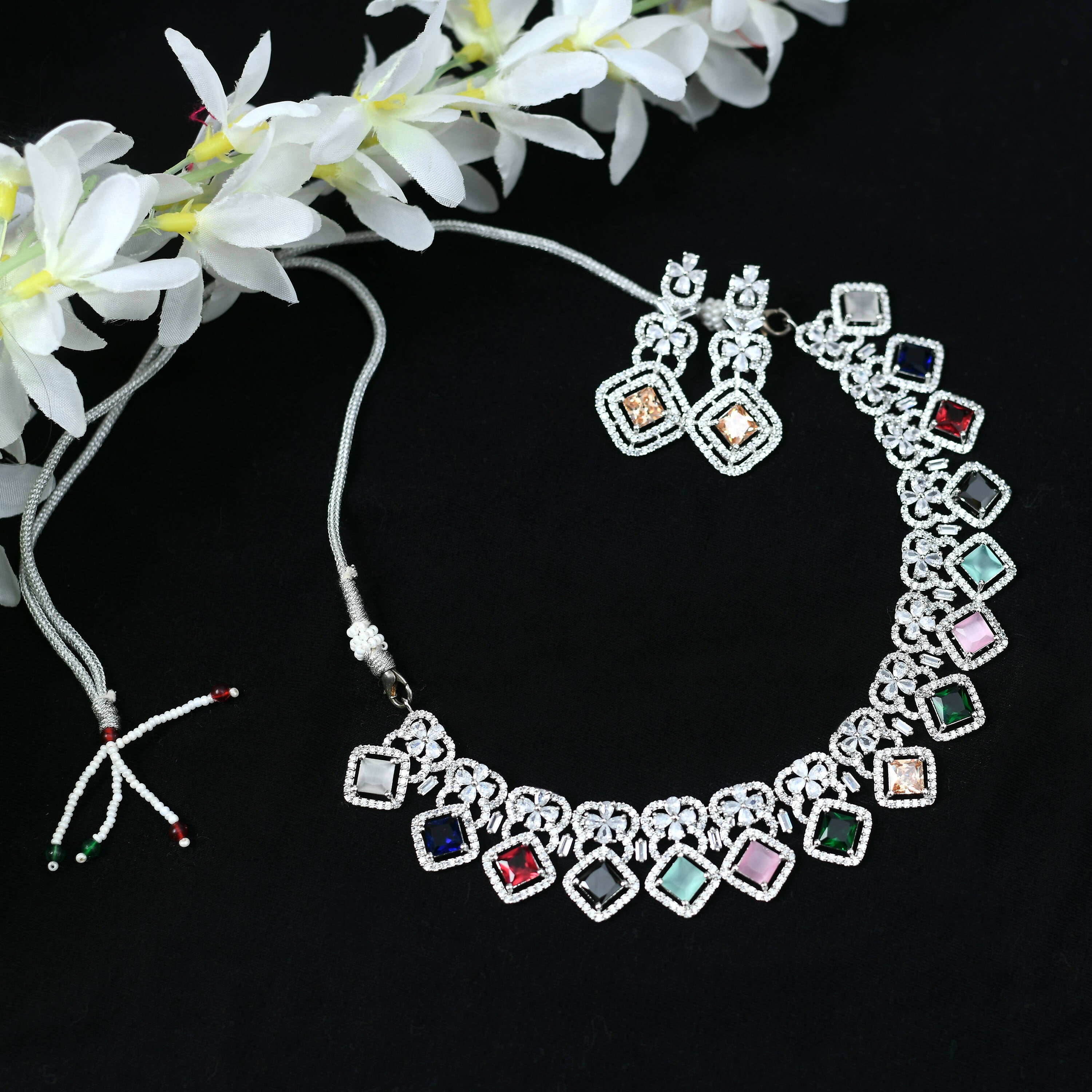 Mominos Fashion Johar Kamal Women Silver-Plated American Diamond Multi Colour Choker Set - Distacart