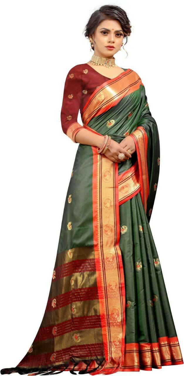 DEIANA'S Beautiful Golden Jari with New Design Soft Lichi Silk Saree - Green - Distacart