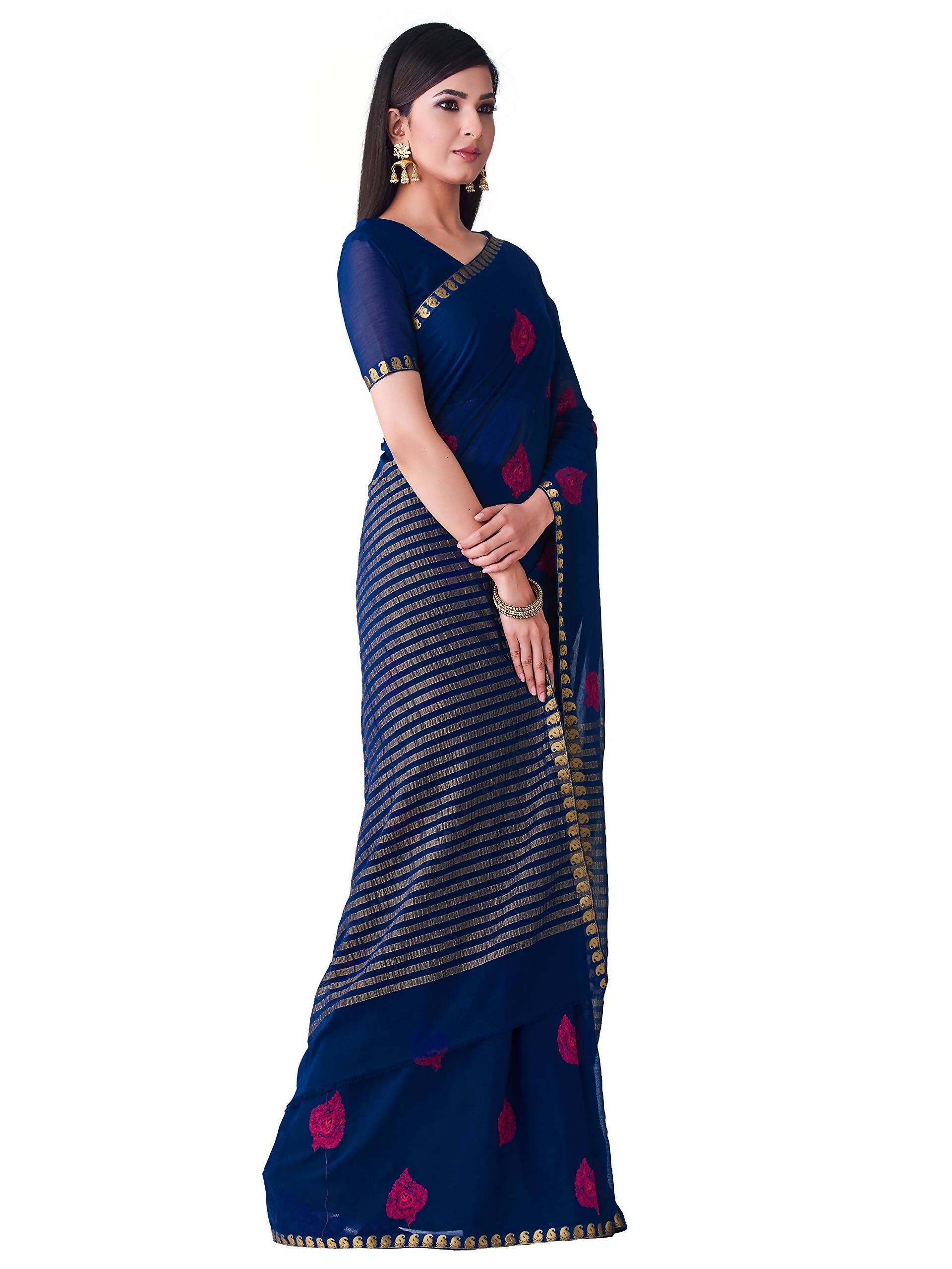 Mimosa Women's Navy Blue Banarasi Chiffon Saree - Distacart