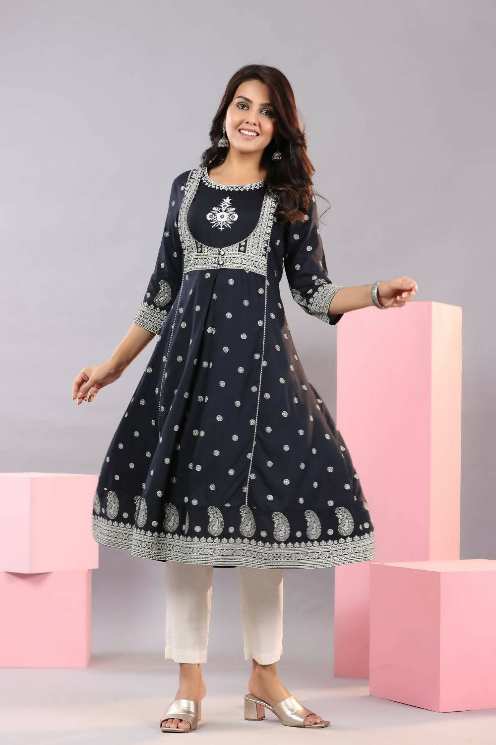 Juniper Women Indigo Rayon Printed A-Line Kurta - Distacart