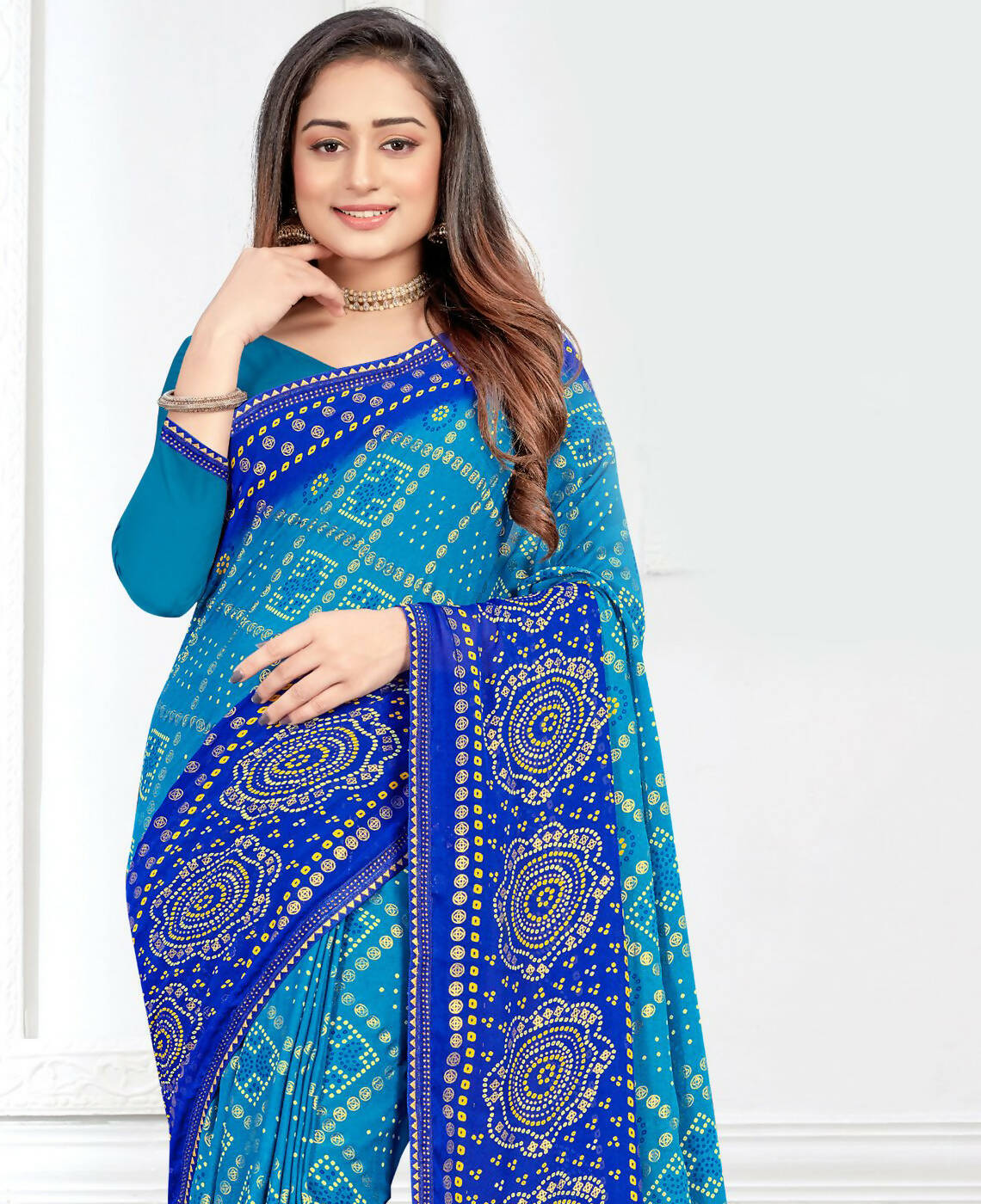 Sky Blue Georgette Bandhani Printed Saree With Unstitched Blouse Piece - Jyoti - Distacart