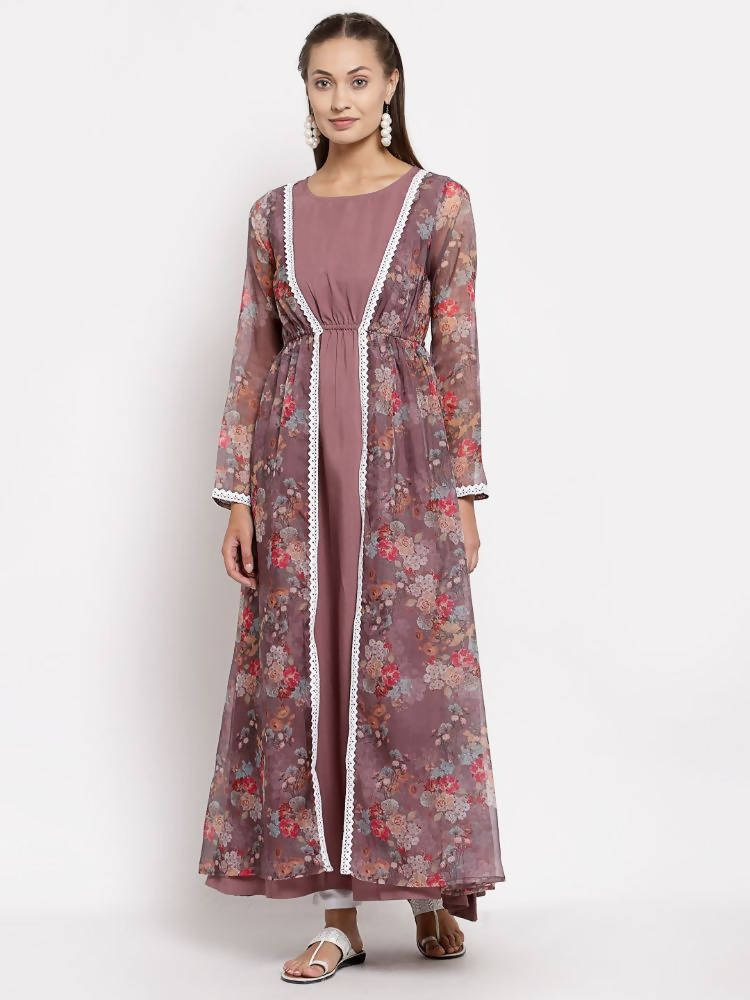 Myshka Women's Multi Organza Printed Full Sleeve Round Neck Casual Maxi Dress