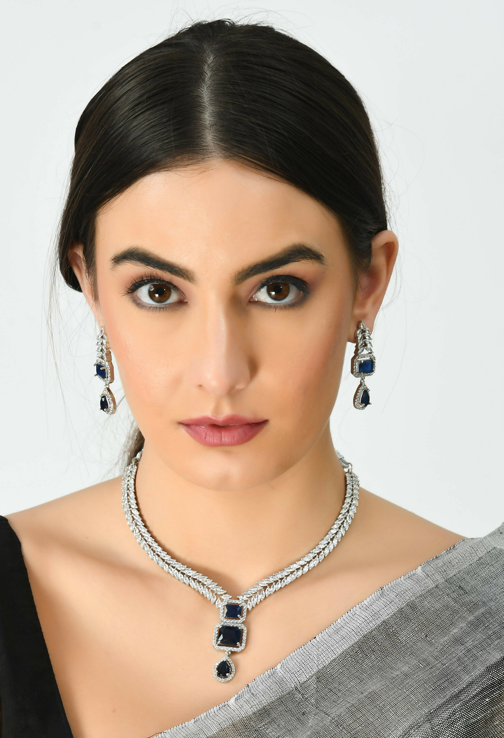 Mominos Fashion Johar Kamal Silver-Plated American Diamond Navy Blue Choker Set - Distacart
