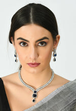 Thumbnail for Mominos Fashion Johar Kamal Silver-Plated American Diamond Navy Blue Choker Set - Distacart